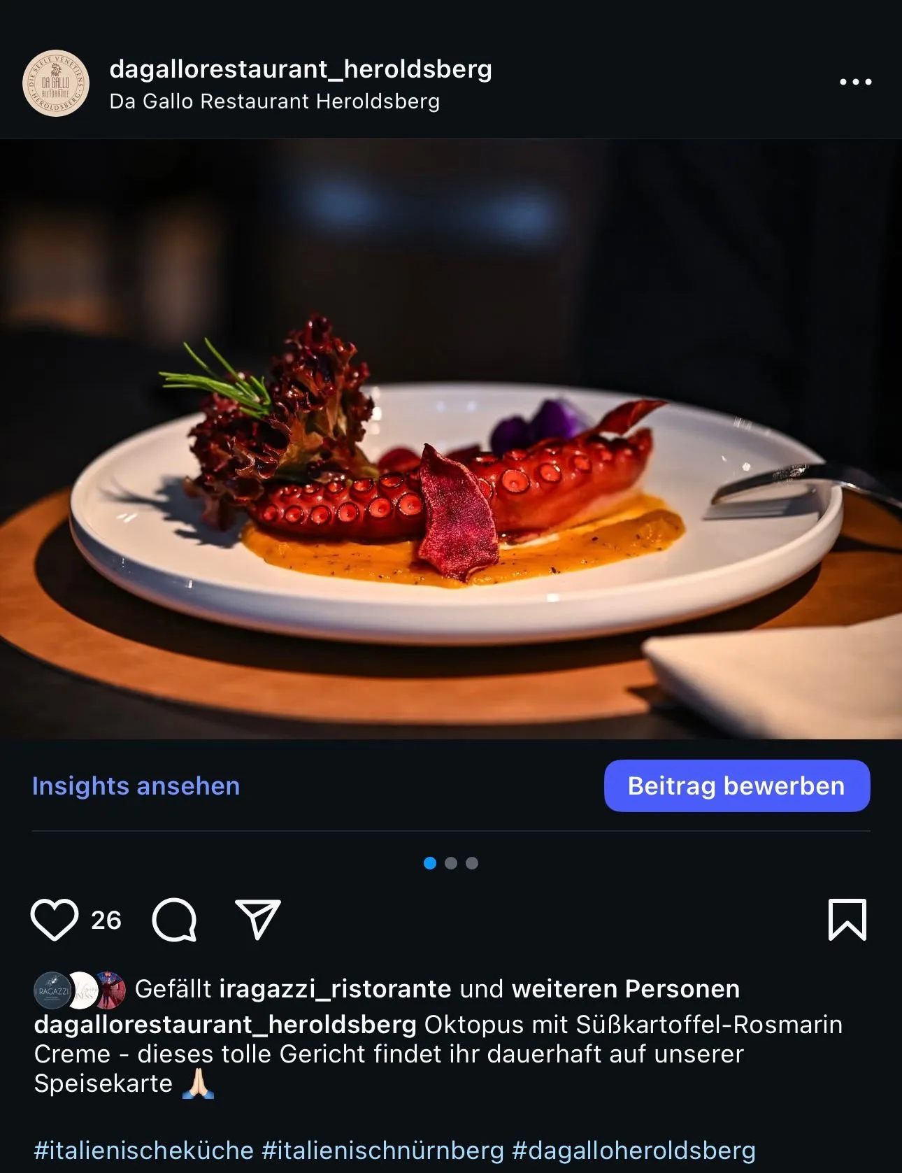 Pulpo-Gericht als Instagram-Content – hochwertig fotografiert für Da Gallo Heroldsberg.