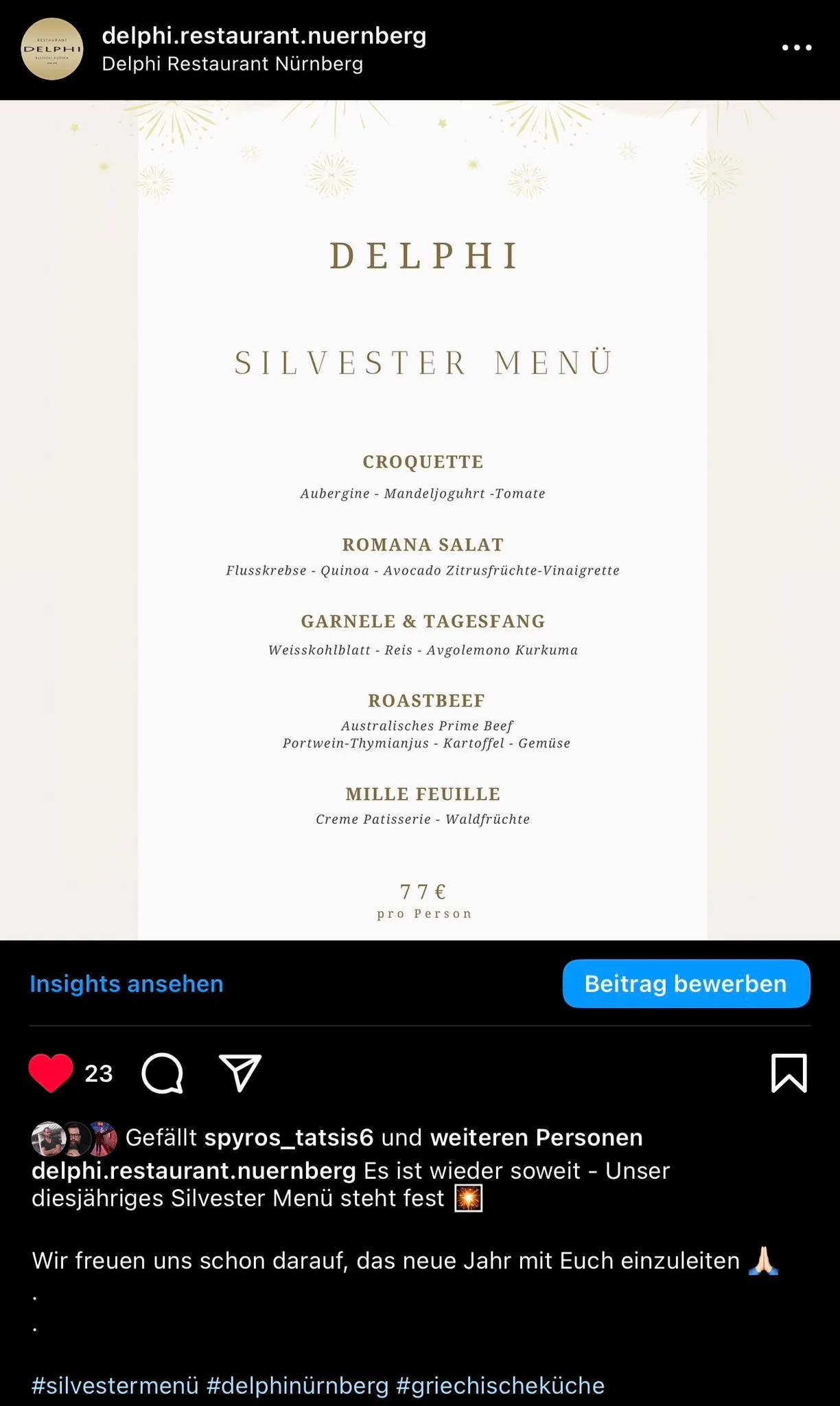 Instagram-Post zum Silvesterangebot – klar, saisonal und verkaufsstark inszeniert.