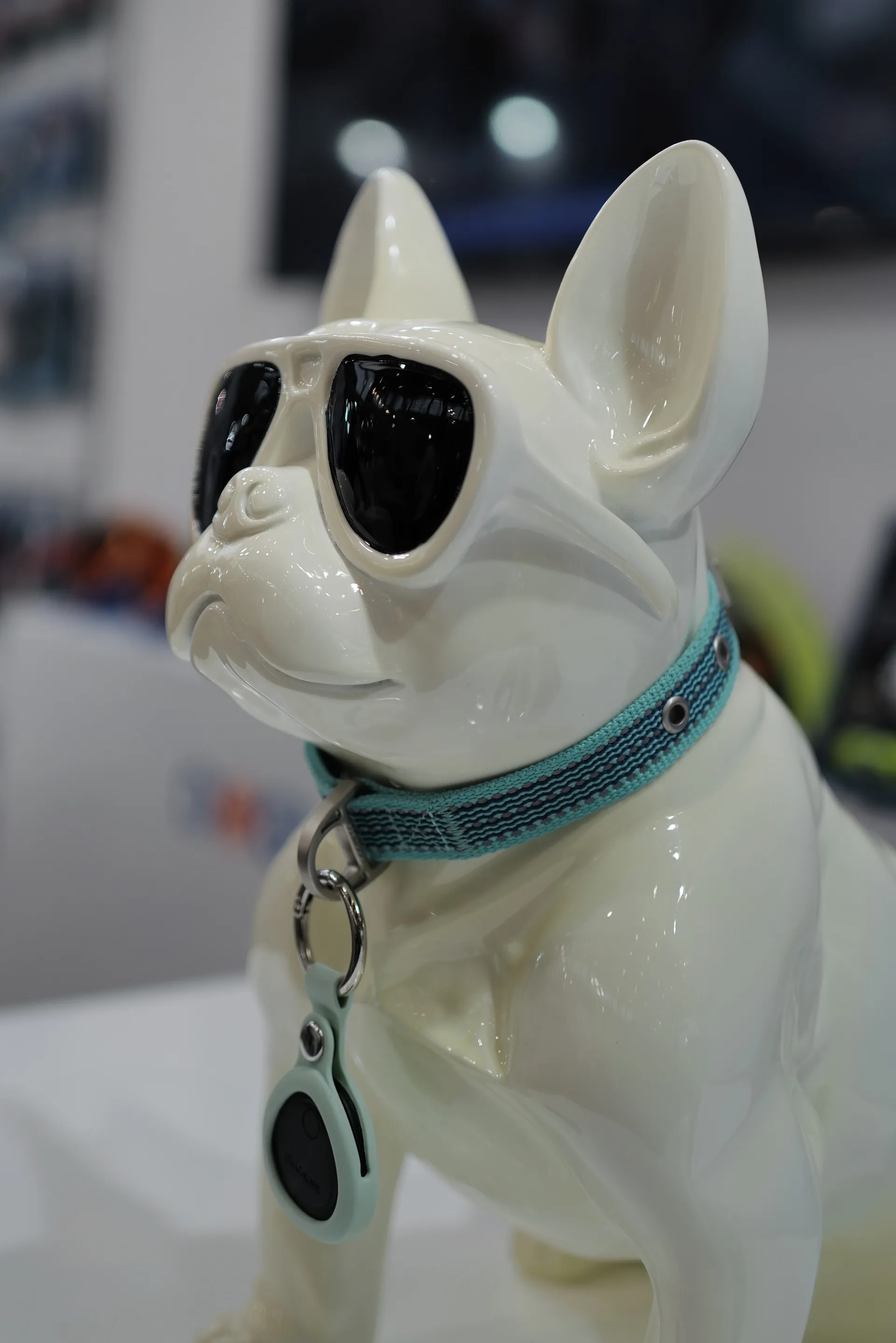 Dekorative Hundefigur mit Sonnenbrille – spielerische Produktinszenierung.
