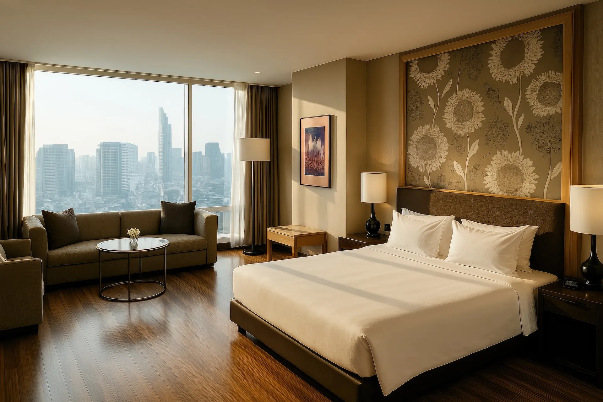 Modernes Hotelzimmer mit Skyline-Ausblick – professionell eingefangen.