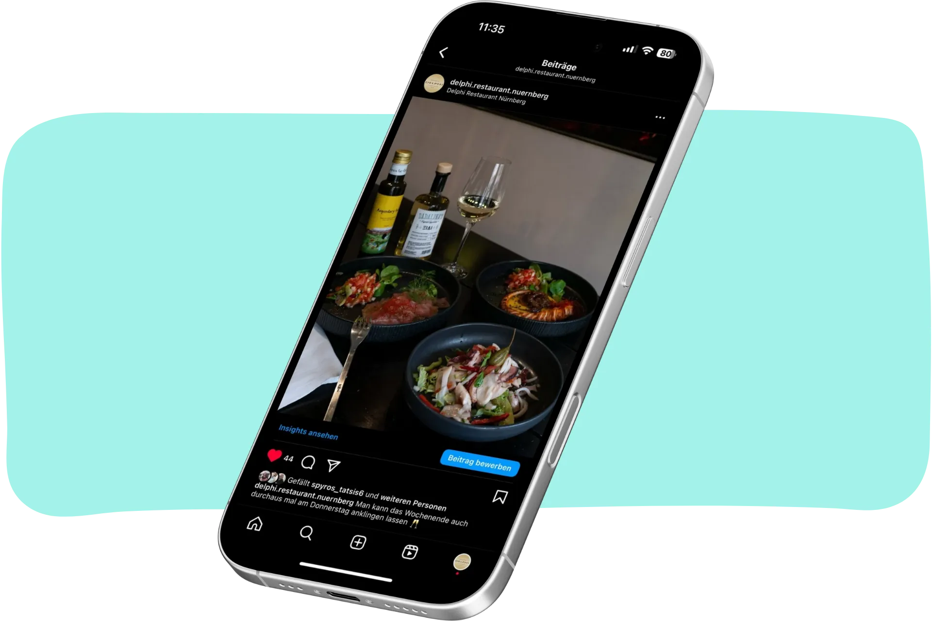 iPhone mit Instagram-Post für Delphi Nürnberg – Social Media Fotografie optimal vorbereitet für den Feed.