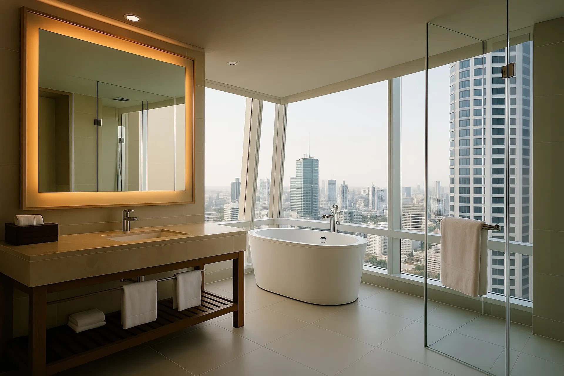 Luxus-Bad mit Skyline-Blick – pure Wohlfühlatmosphäre.
