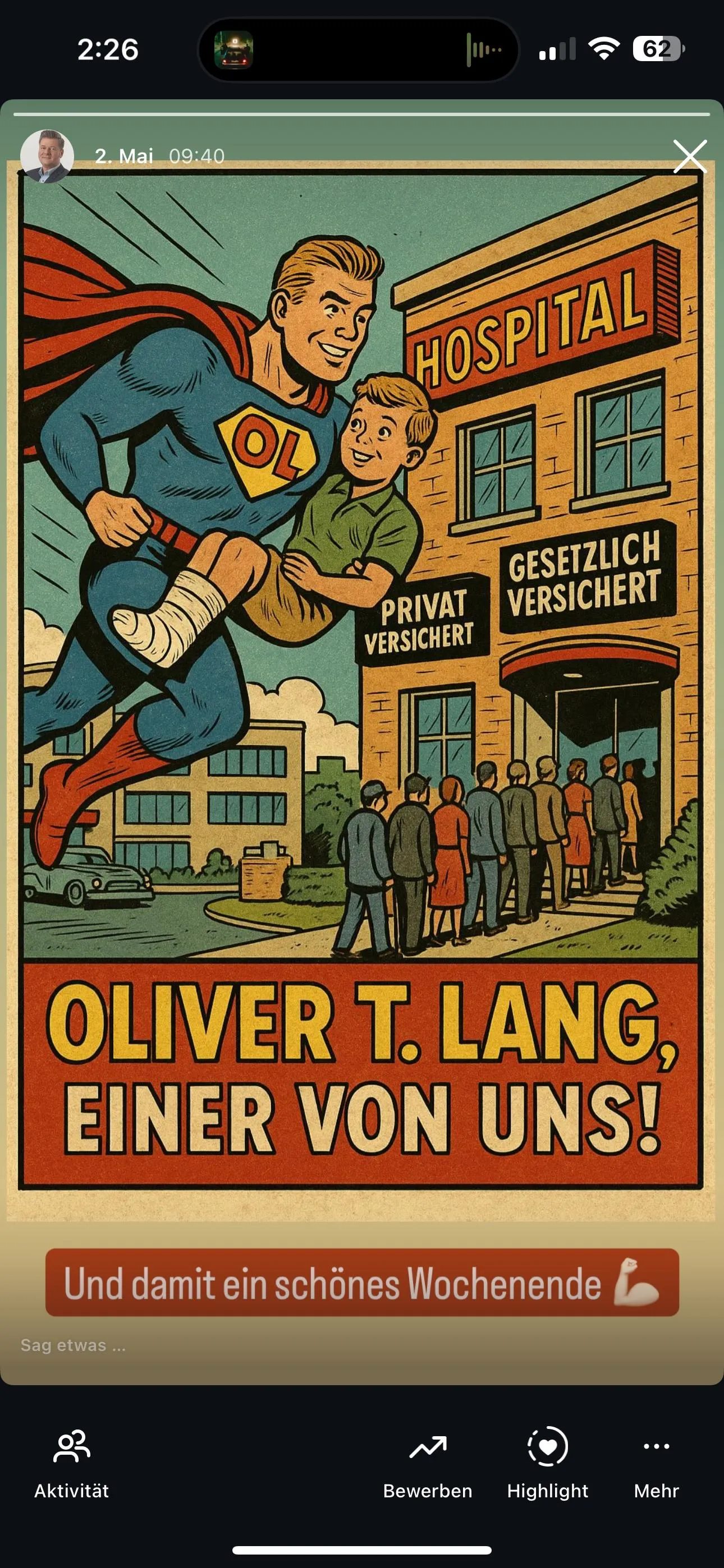 Instagram Story für Oliver Lang – kreative Umsetzung mit Comic-Elementen.