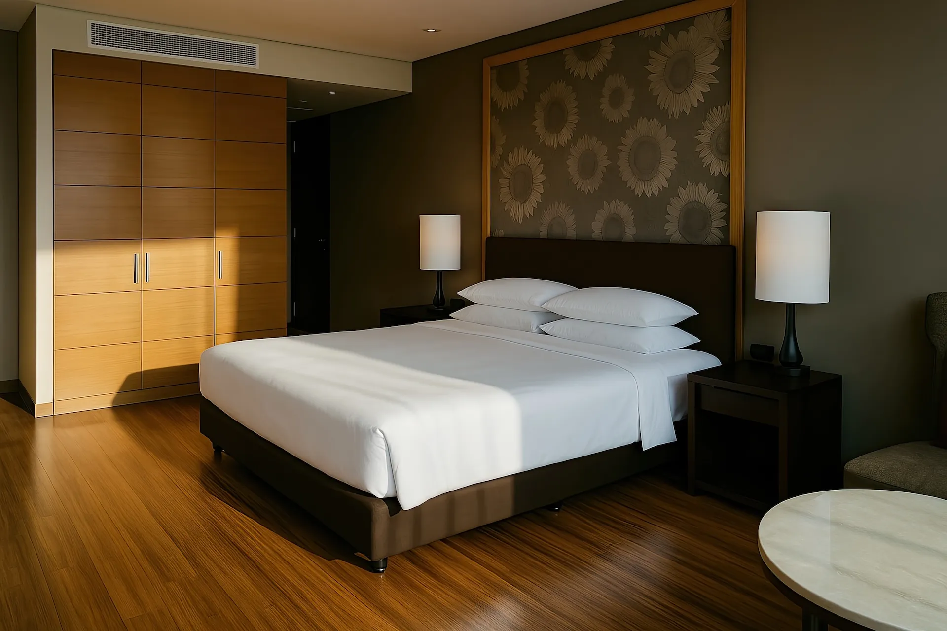 Queen-Size-Bett im eleganten Zimmer – Komfort, der zum Verweilen einlädt.