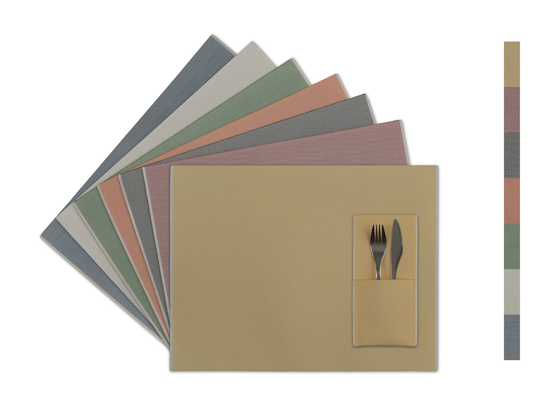 Farbig sortierte Tischmatten – professionell fotografiert für detailgetreue Produktdarstellung in Nürnberg.